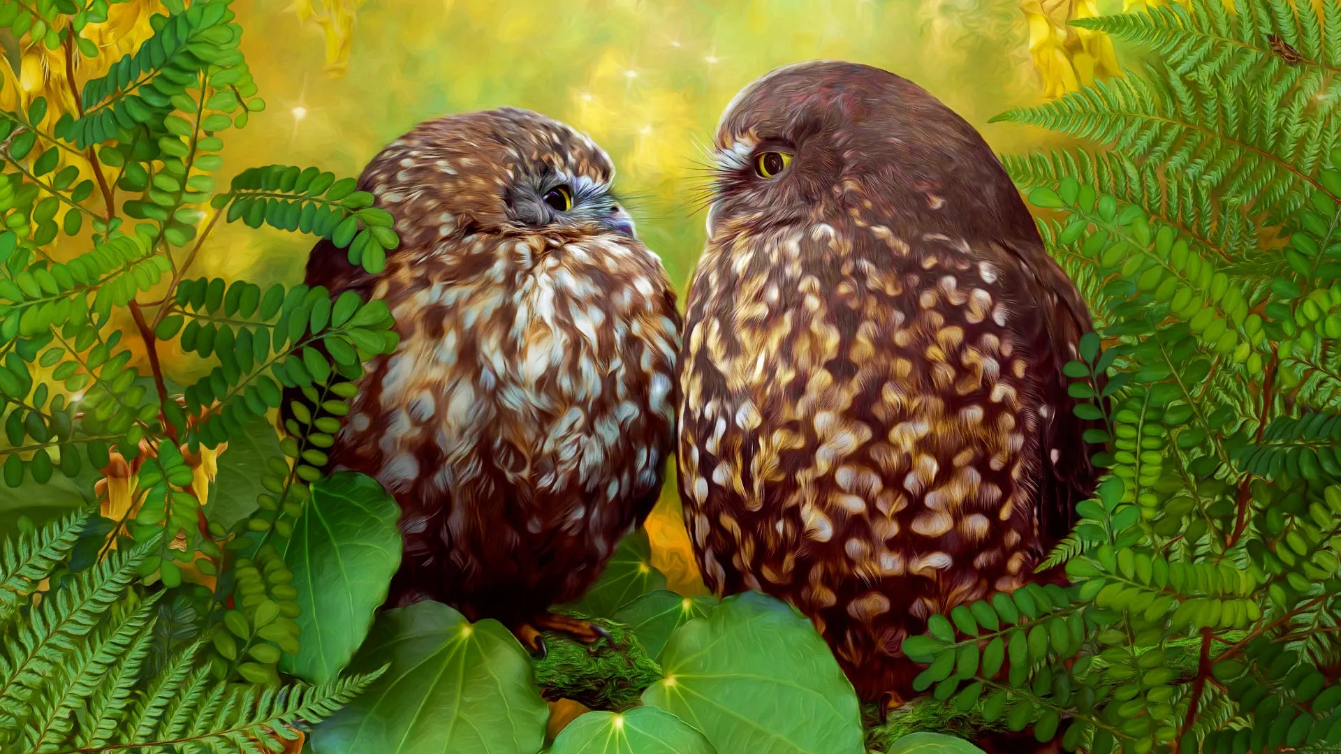 An artwork of two ruru morepork owls perched amongst native foliage staring lovingly at each other, with a backdrop of kowhai blossoms