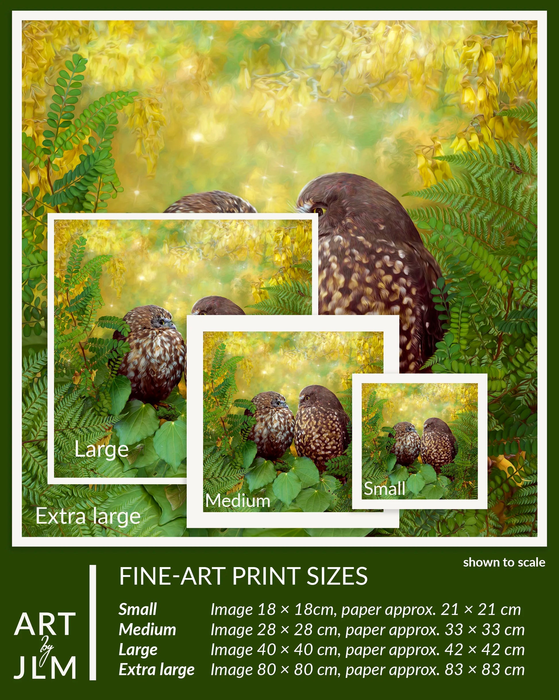 Fine-art print sizes of a bird in a natural setting with scale indicators.