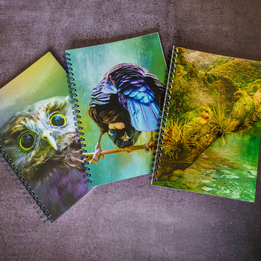 Three spiral-bound notebooks with colorful nature illustrations are arranged on a textured gray surface. One notebook shows a close-up of an owl's face, another depicts a bird with blue wings, and the third shows a forest scene with a stream.
