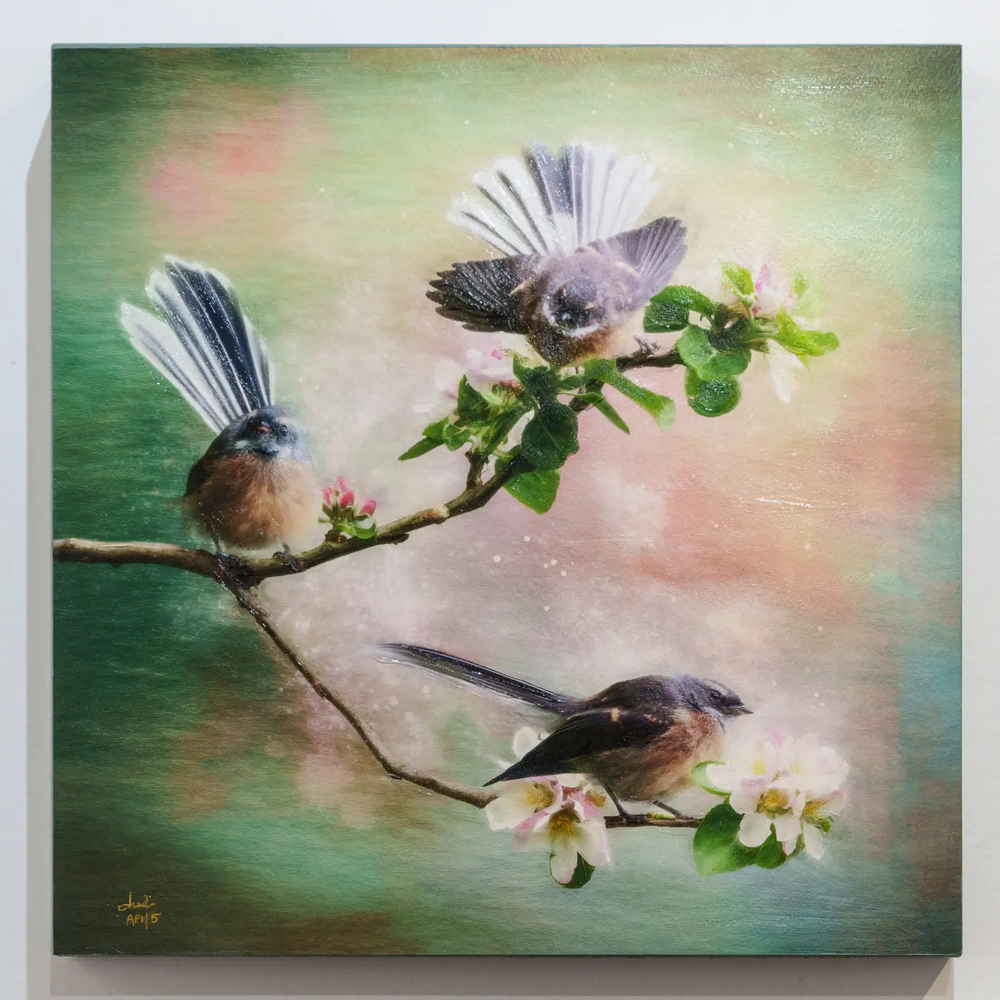 artwork with 3 fantails, with impasto finish