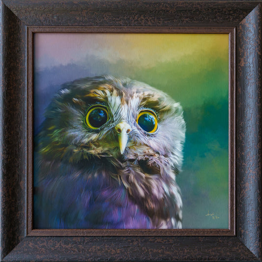 A framed square painting of a close-up owl portrait with large yellow eyes and a soft multicolor background, set in a dark brown textured frame.