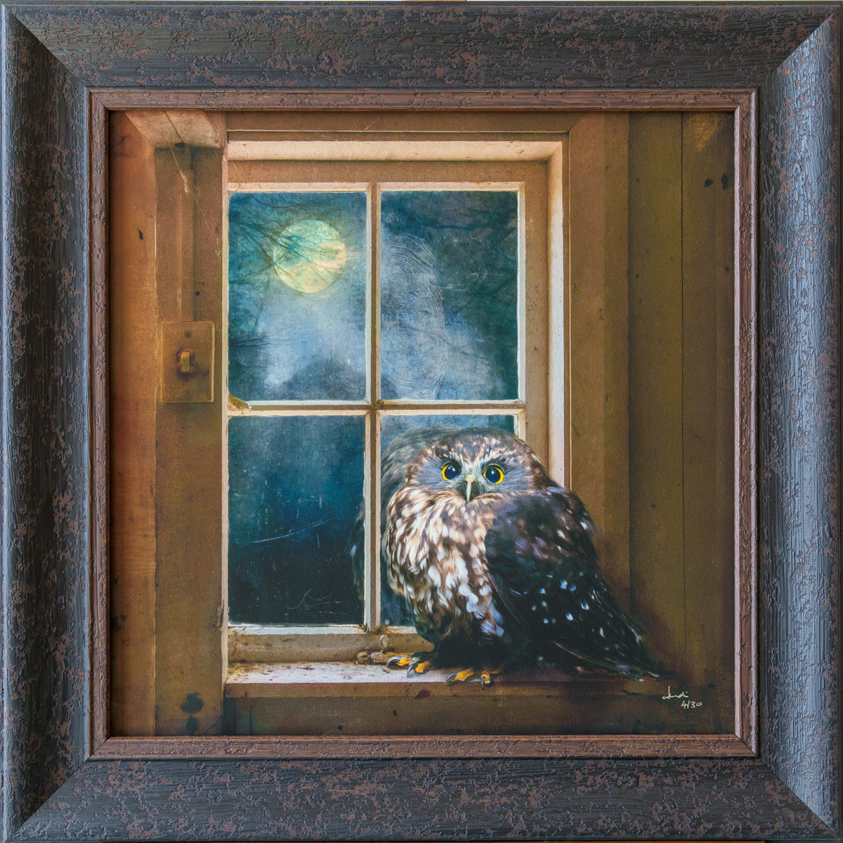 Framed square painting of an owl perched on a windowsill at night, with a glowing moon visible through the window and a dark textured frame around the artwork.