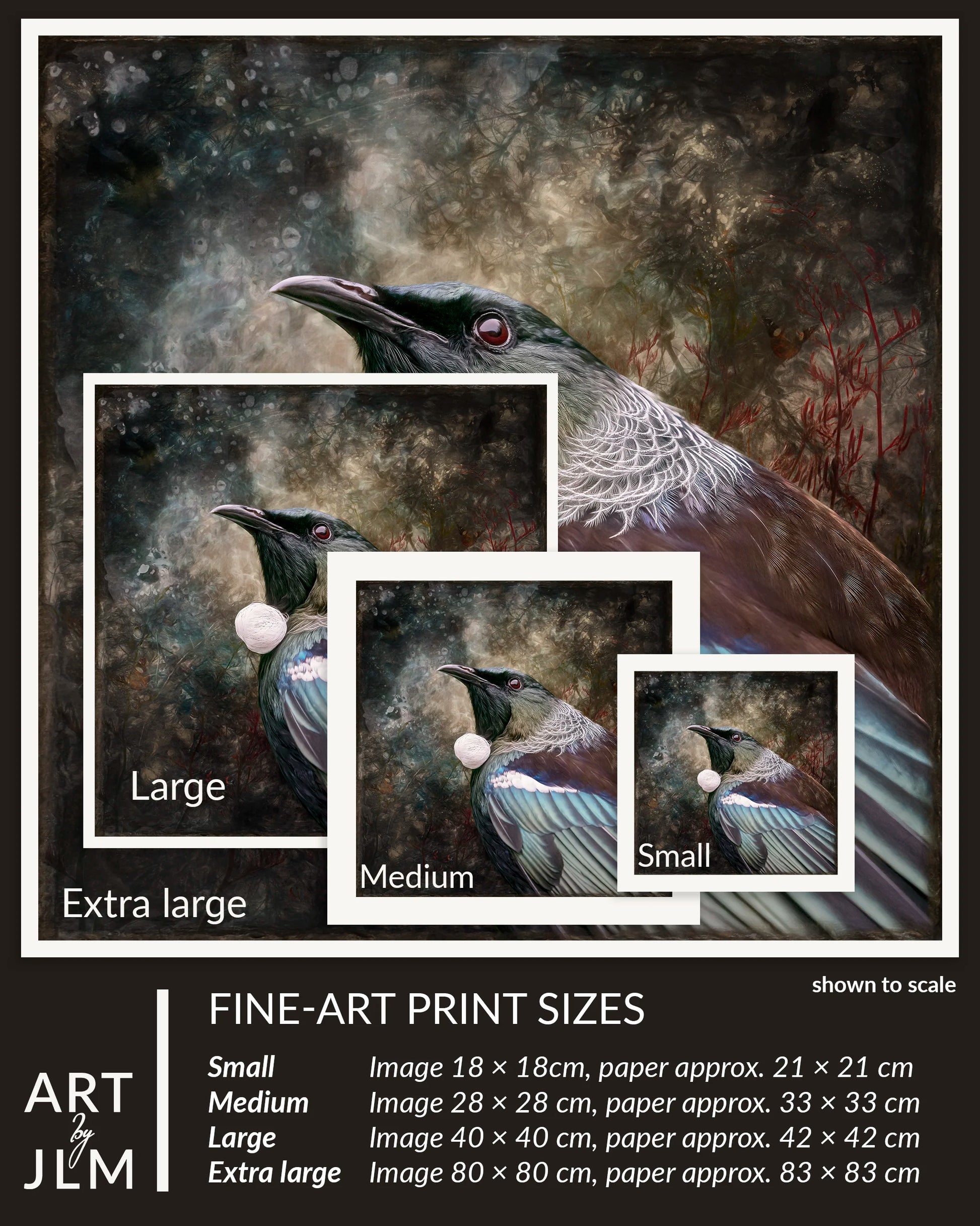 Artistic depiction of a bird with size chart for fine-art prints.