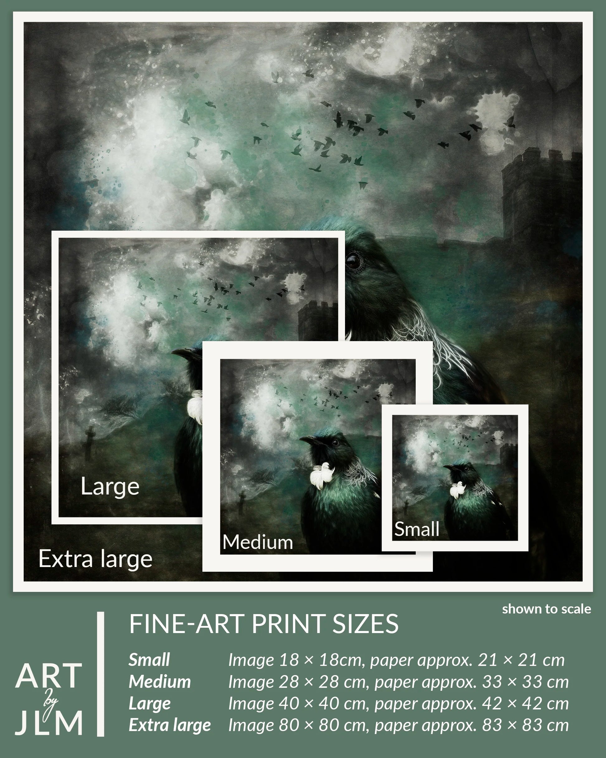 Artistic depiction of a landscape with birds and text indicating fine-art print sizes.