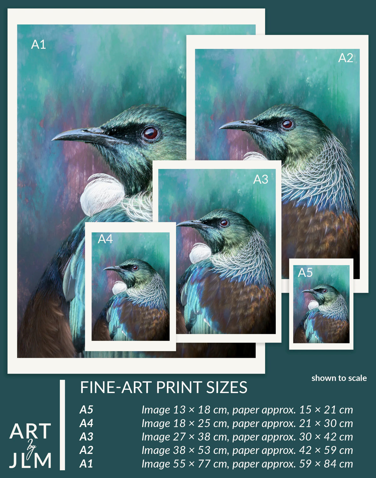 A size guide for fine-art prints showing a bird painting in multiple framed sizes labeled A1 through A5, with text listing print dimensions on a dark teal background.