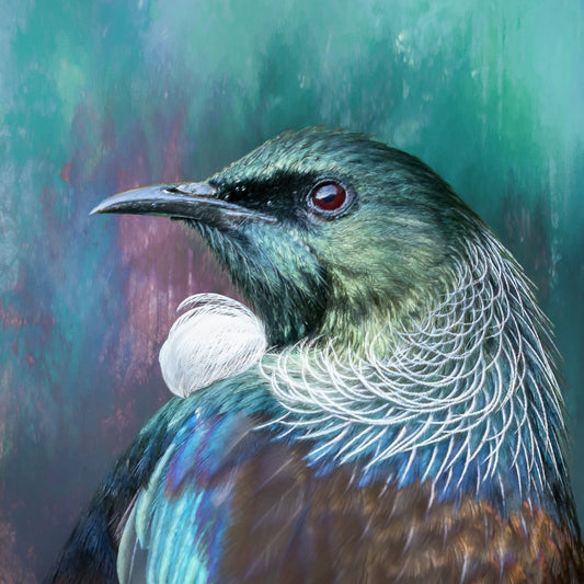 A close-up portrait painting of a New Zealand tui bird, showing its green head, white ruffled neck feathers, and blue-brown body against a textured teal and purple background.
