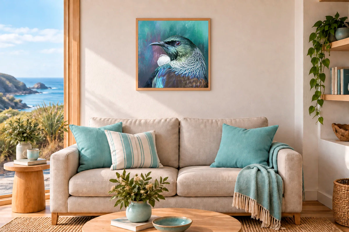 A framed square art print of a blue and white tui bird hanging on a beige wall above a light beige sofa in a bright, modern living room with a window view of the ocean.