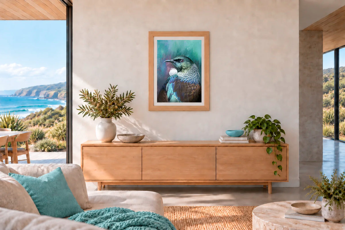 A framed art print of a blue and white tui bird hanging on a beige wall in a modern, sunlit living room with a wooden sideboard, plants, and a view of the ocean.