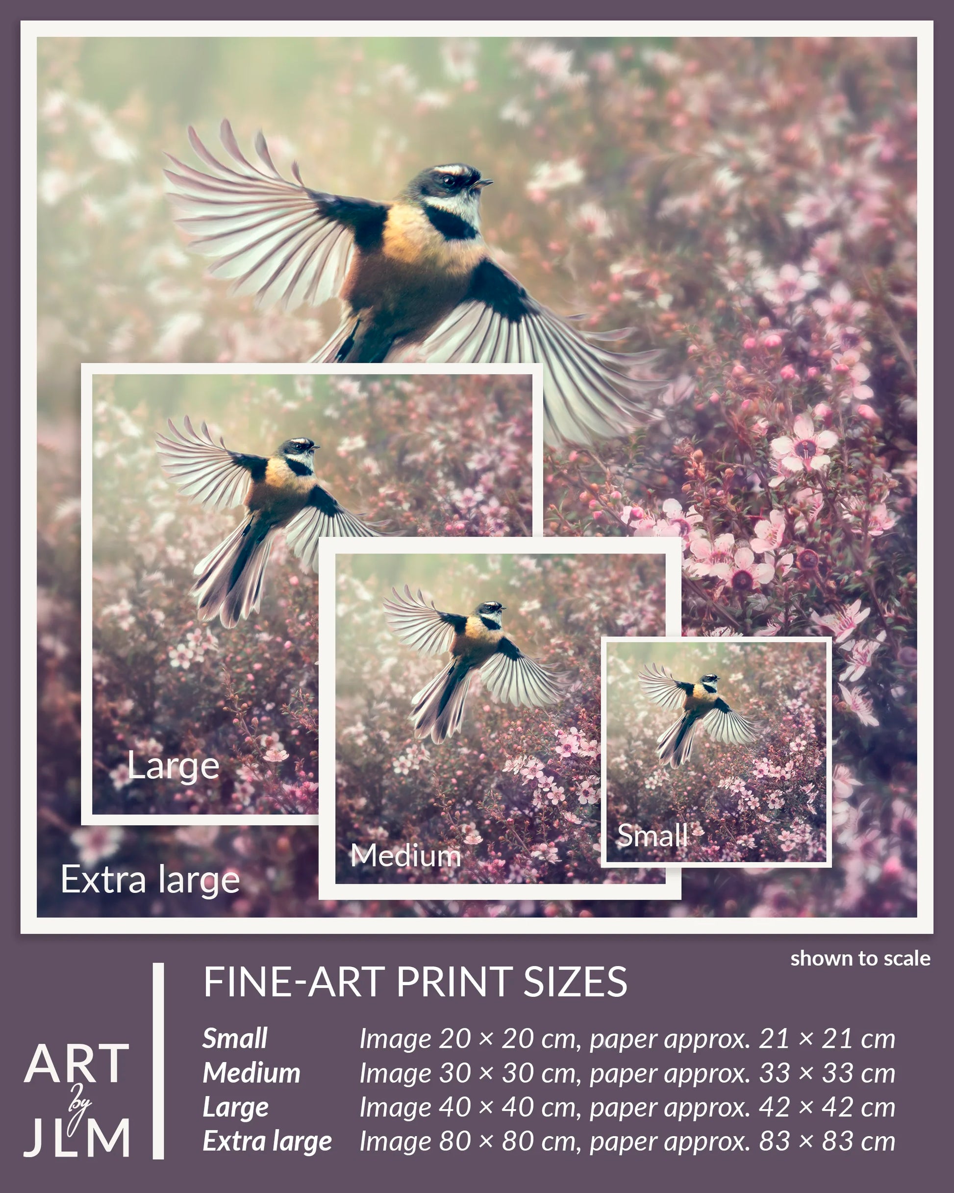 Fine-art print of a bird with different size options on a floral background