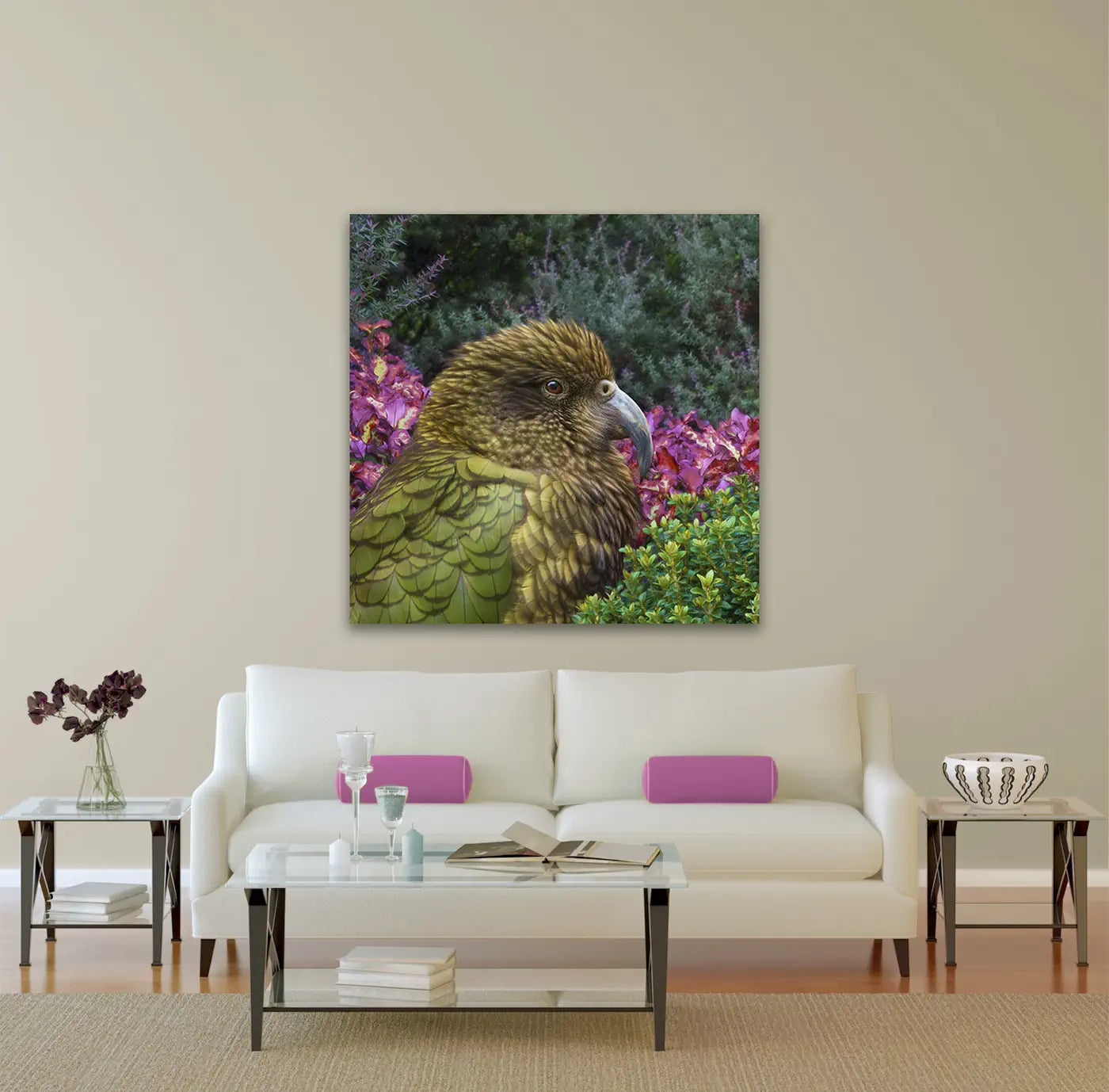 Living room with sofa and artwork of a kea