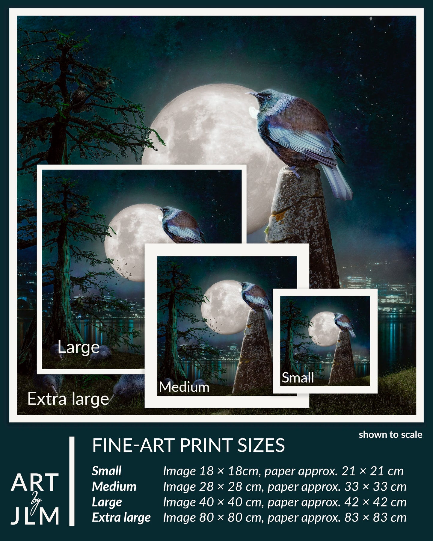 Fine-art print of a bird perched on a stump with a moonlit sky, showing different sizes.