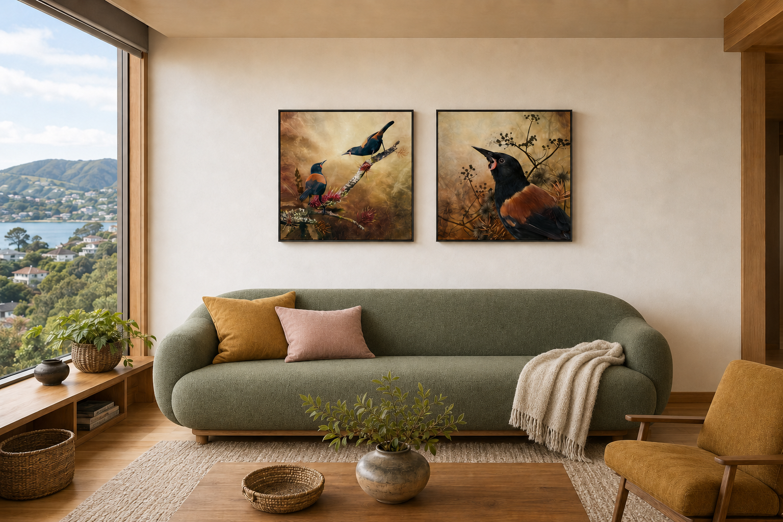 A styled living room interior featuring two framed tīeke saddleback bird artwork prints hanging above a green sofa. The room includes a large window with a coastal view, a wooden coffee table, a yellow armchair, and decorative plants and textiles.