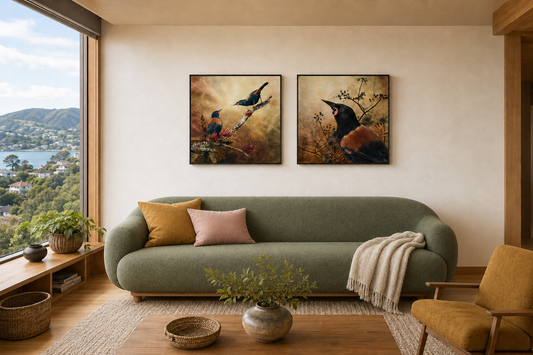 A styled living room interior featuring two framed tīeke saddleback bird artwork prints hanging above a green sofa. The room includes a large window with a coastal view, a wooden coffee table, a yellow armchair, and decorative plants and textiles.