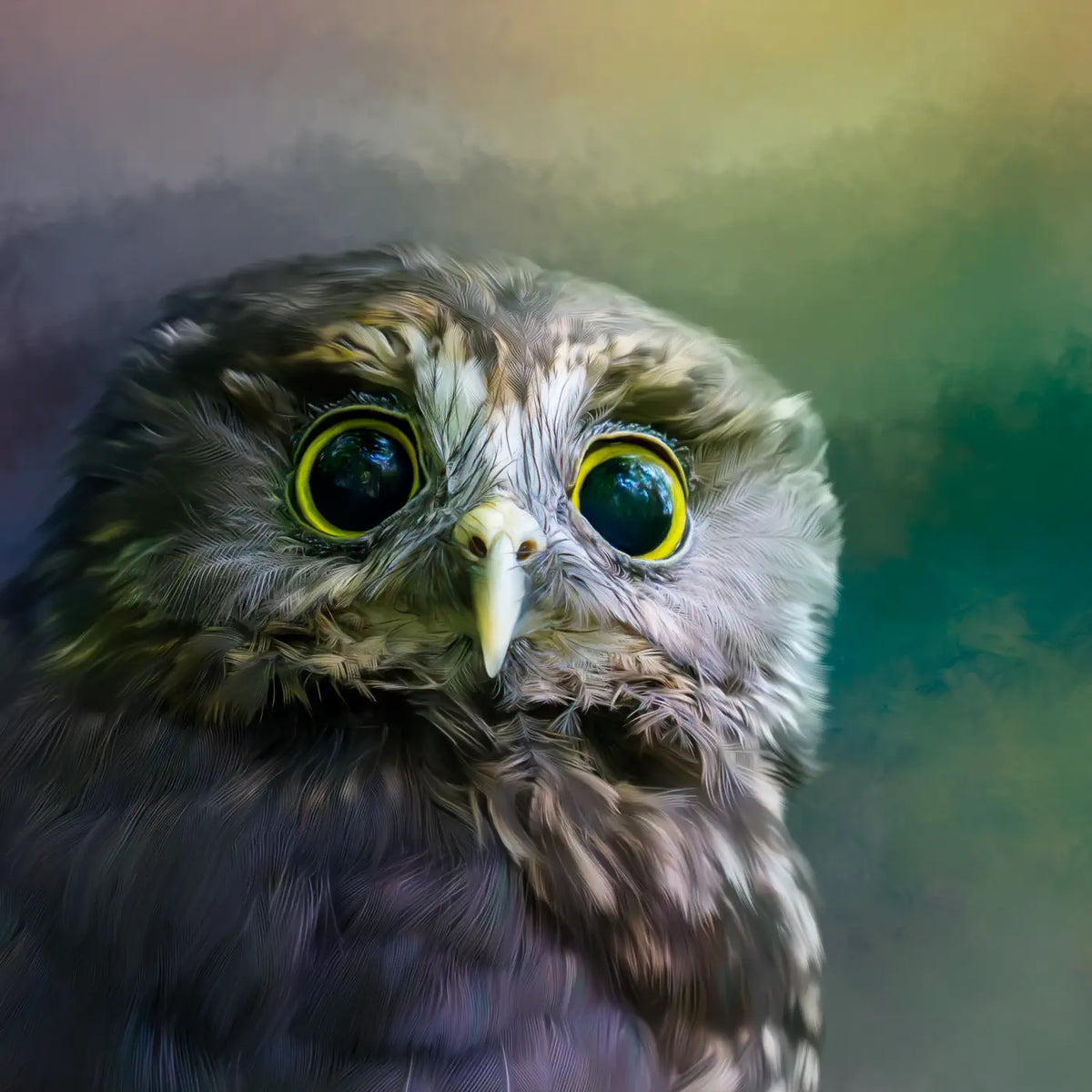 Close-up fine-art portrait of a ruru with bright yellow eyes against green and purple tones, from The Guardian by Judi Lapsley Miller.