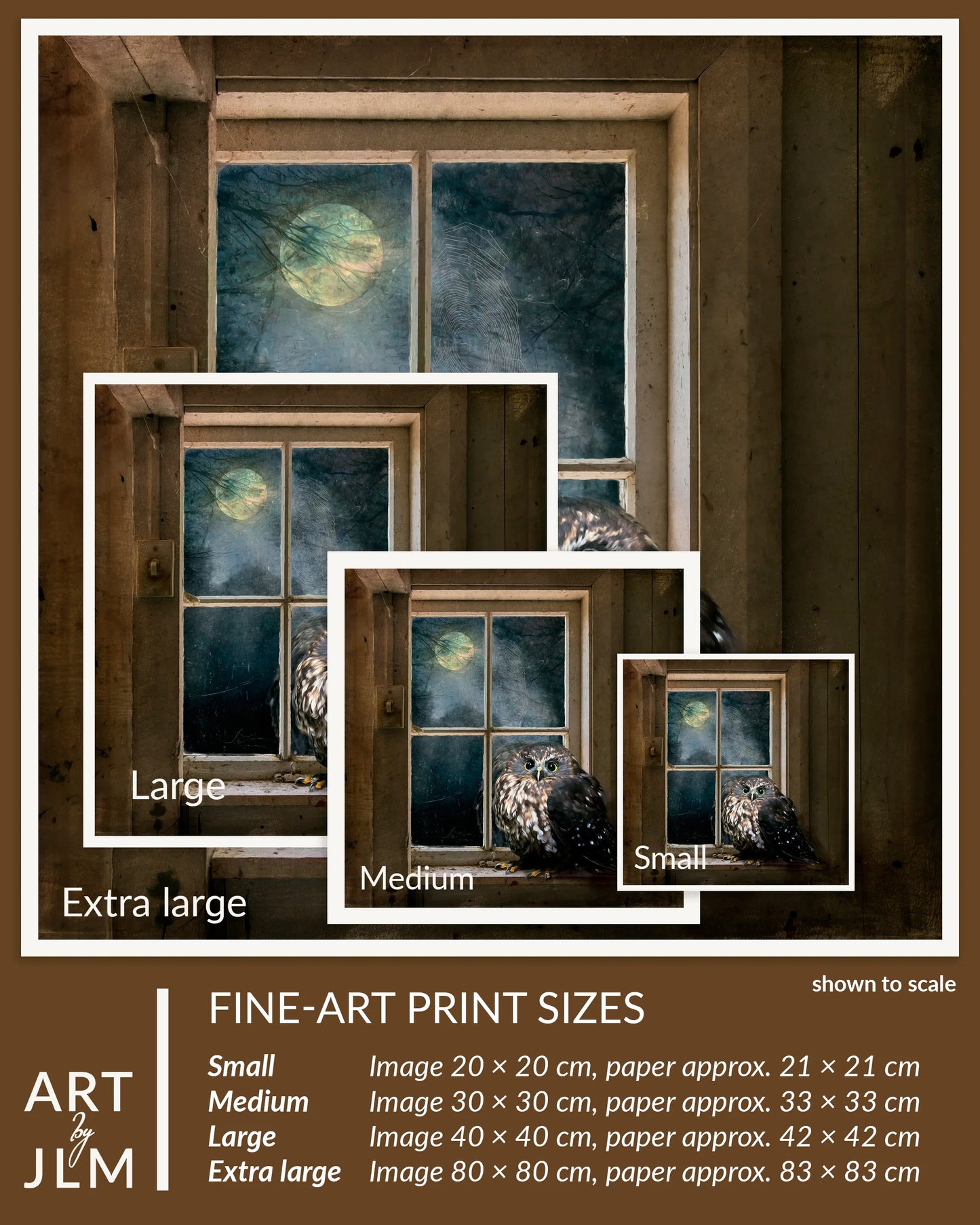 Photo-artistic fine art print of an owl shown at different sizes