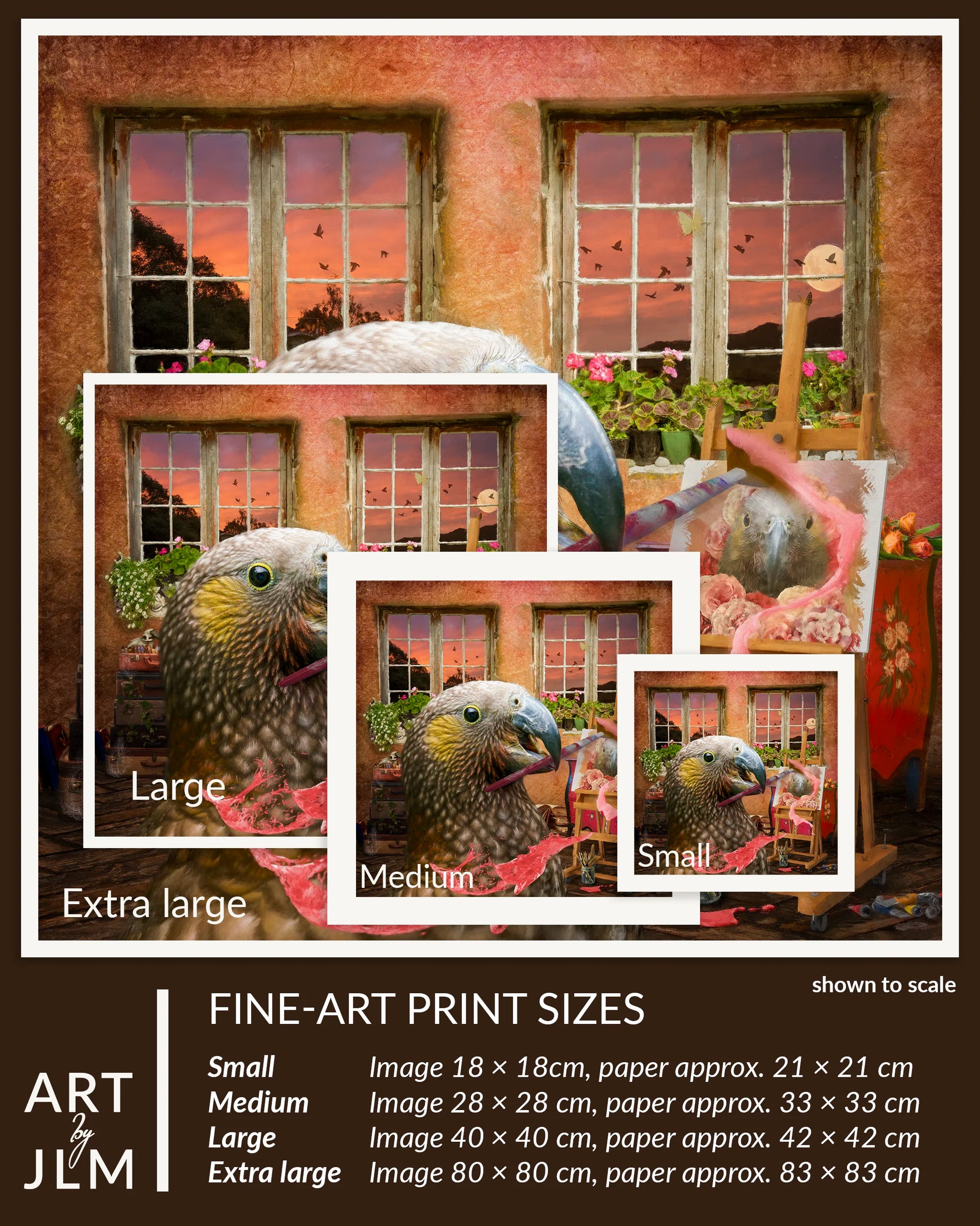 Fine-art print sizes of a parrot with a window background, shown to scale.