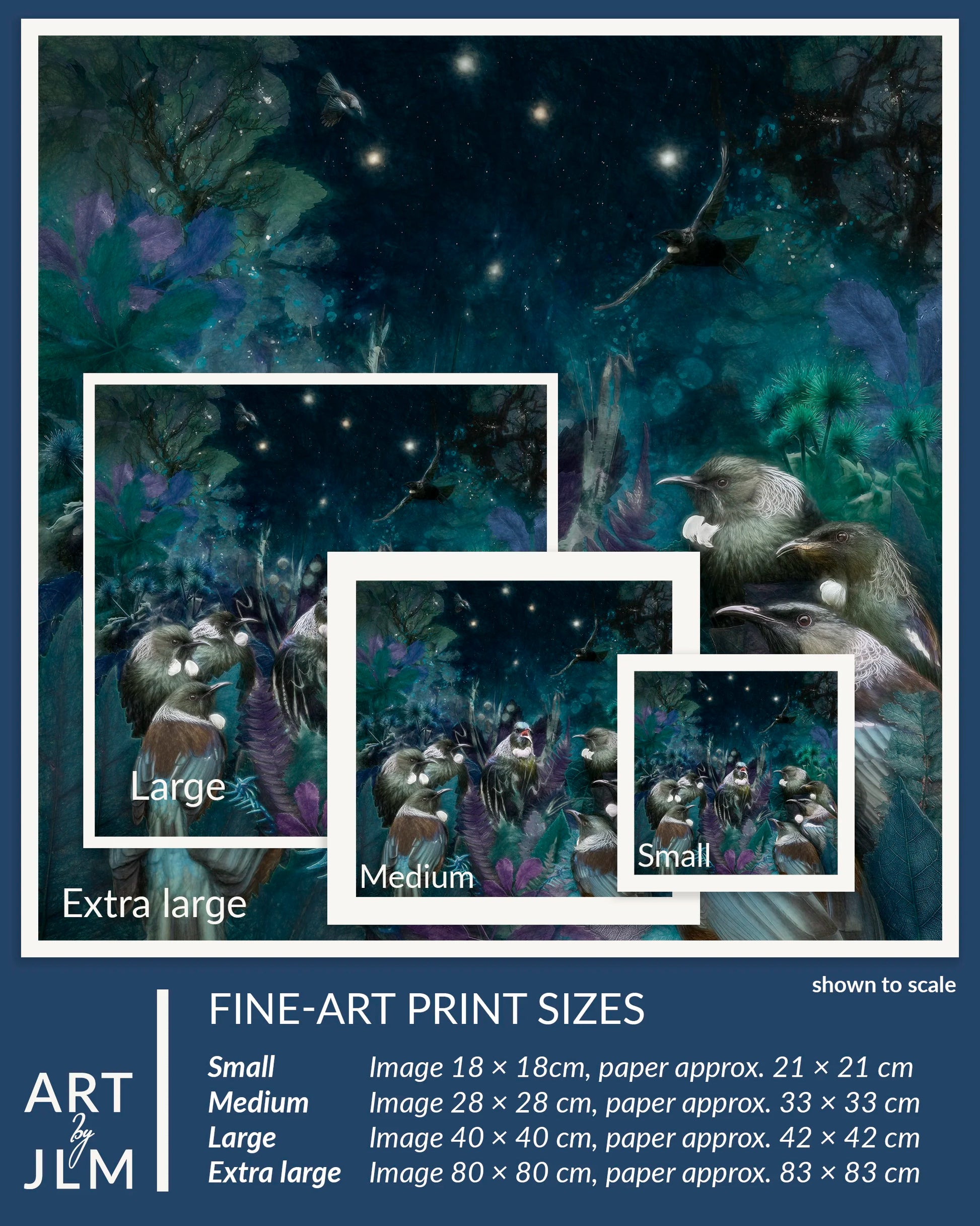 Fine-art print sizes comparison with nature-themed artwork of animals and stars.
