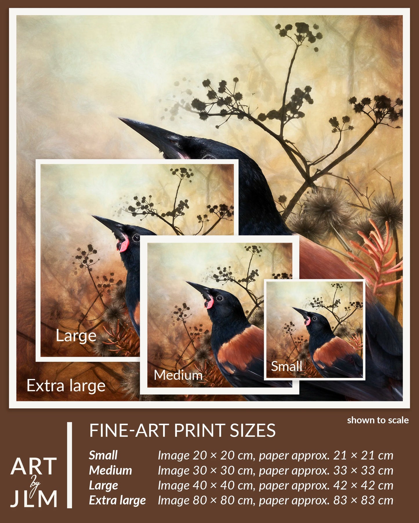 A fine-art tīeke saddleback bird print preview with three inset size examples labeled Large, Medium, and Small, plus a size table at the bottom. The artwork shows a black bird with warm brown and beige tones against a soft cream background with floral branches.