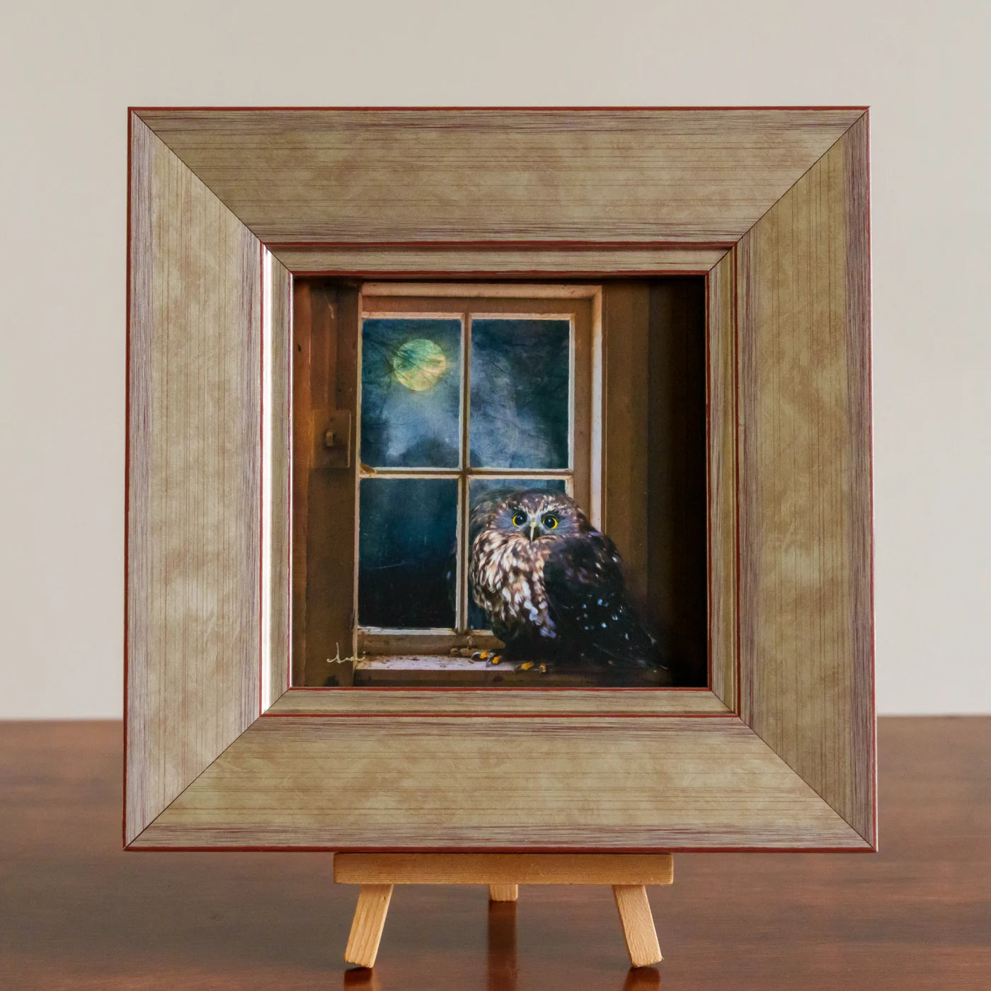 Artistic depiction of an owl looking out a window with a wooden frame and stand.