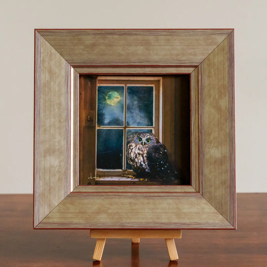 Artistic depiction of an owl looking out a window with a wooden frame and stand.