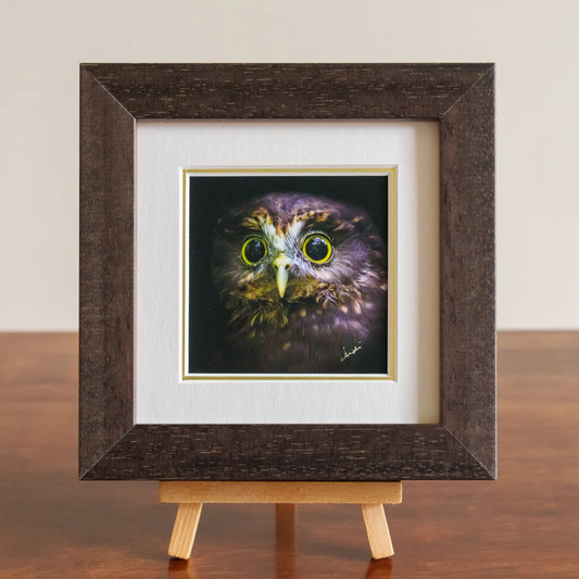 Framed artwork of an owl on a wooden stand against a neutral background