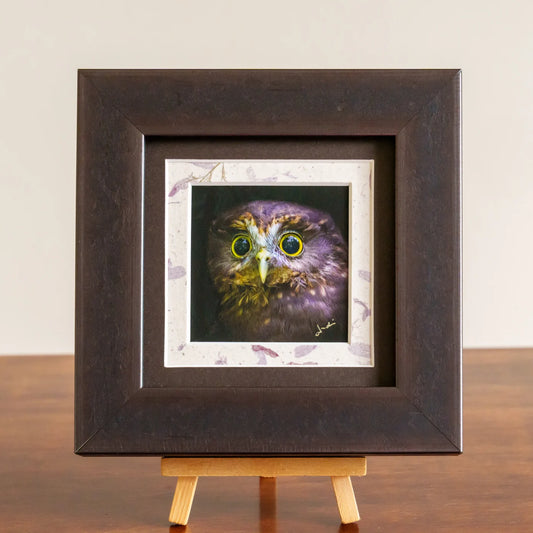Framed artwork of an owl on a small easel against a plain background