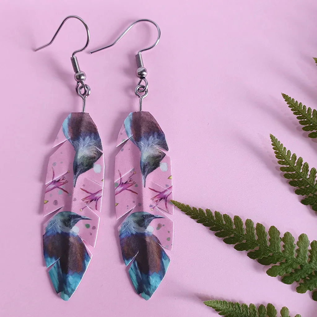 Tūī Pair Feather Washi Earrings