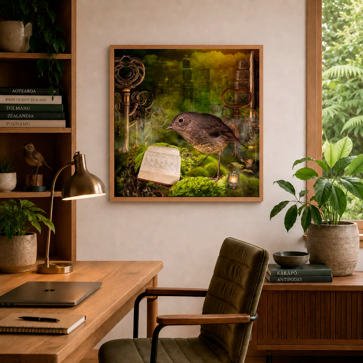 Home office with a desk, chair, and framed artwork of a bird on a book.