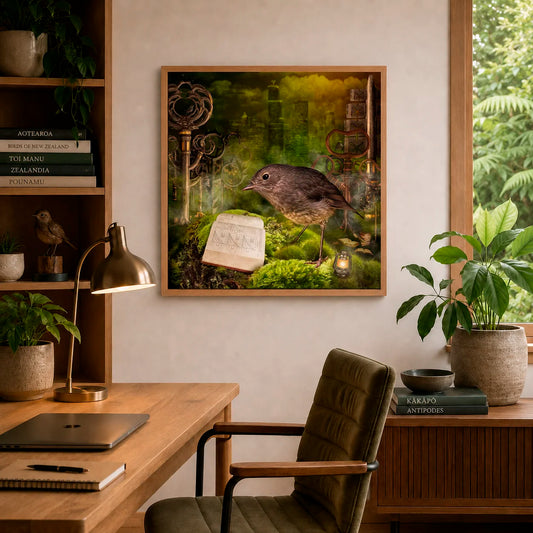 Home office with a desk, chair, and framed artwork of a bird on a book.