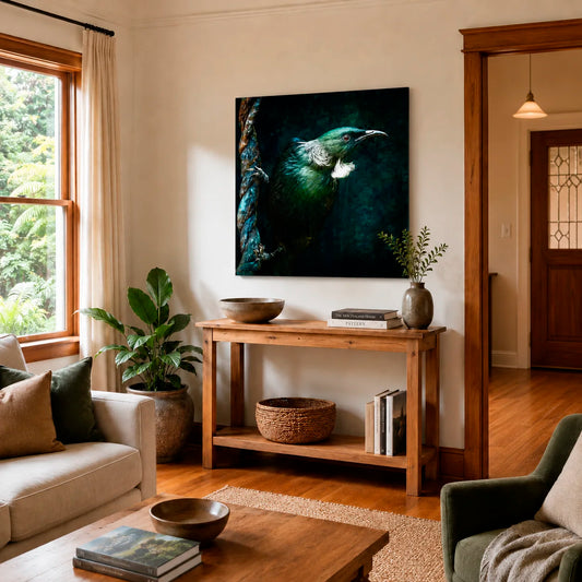 Living room with a large painting of a green bird on the wall, a wooden side table with decorative items, and a couch.