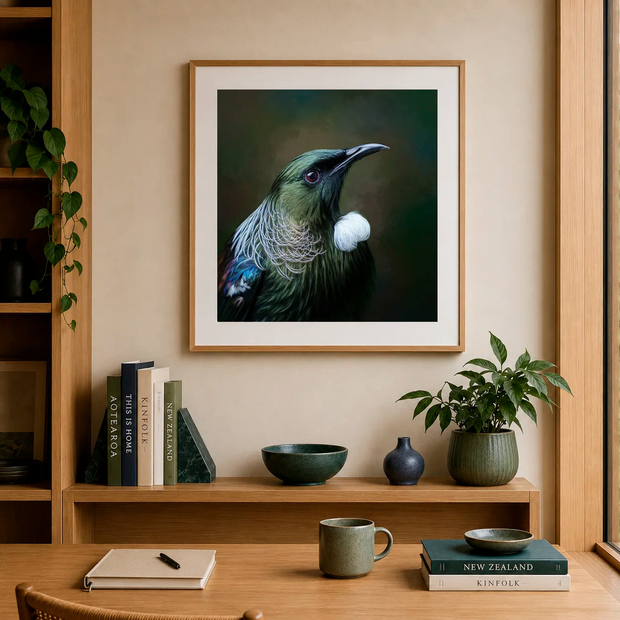 painting of a tui in a home office
