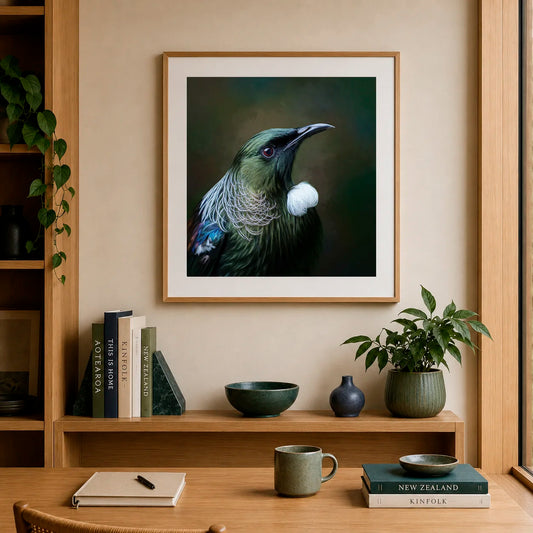 painting of a tui in a home office
