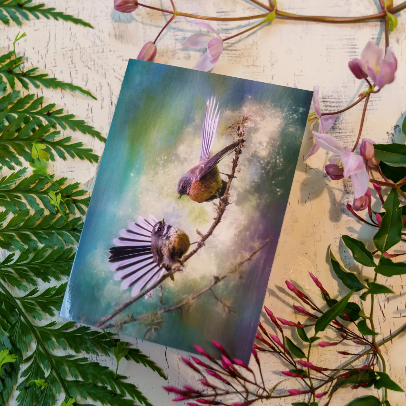 greeting card with two fantails