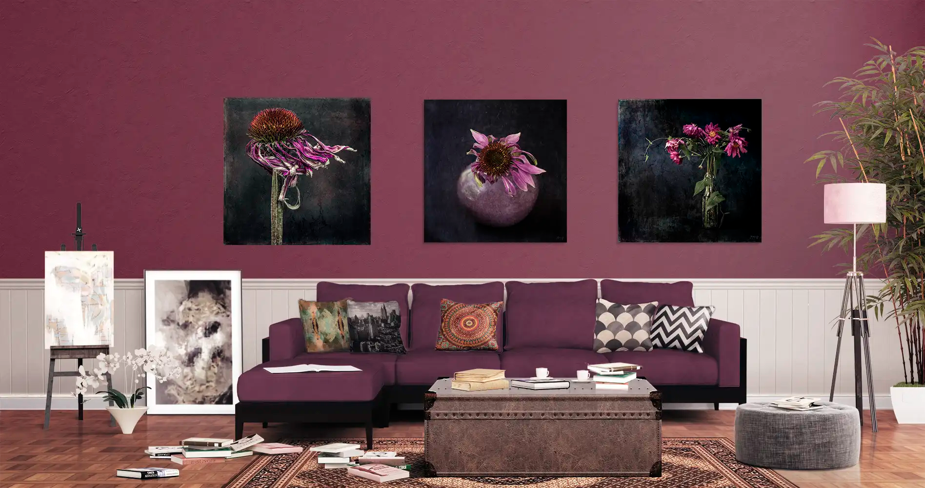 living room wtih three floral artworks