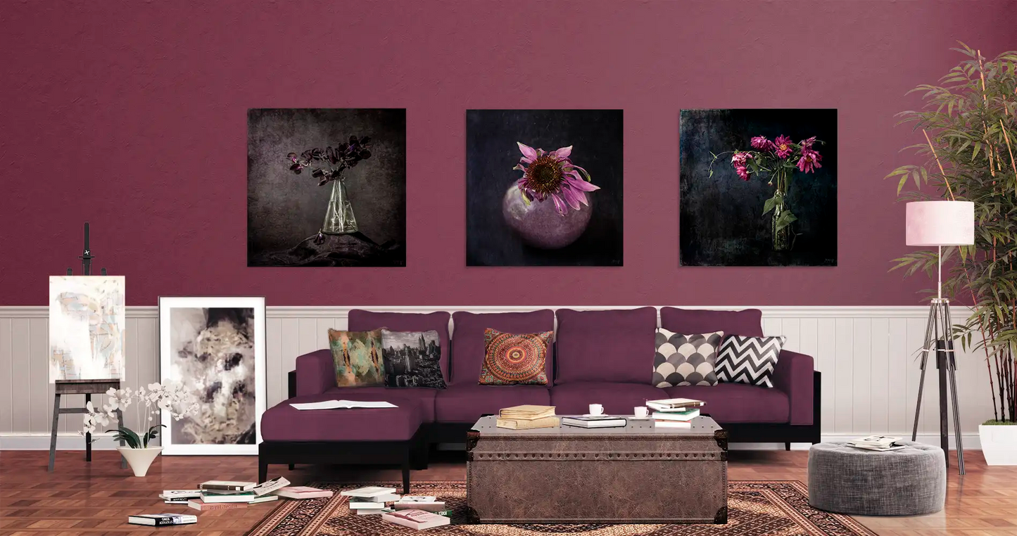 Living room with large flower artworks