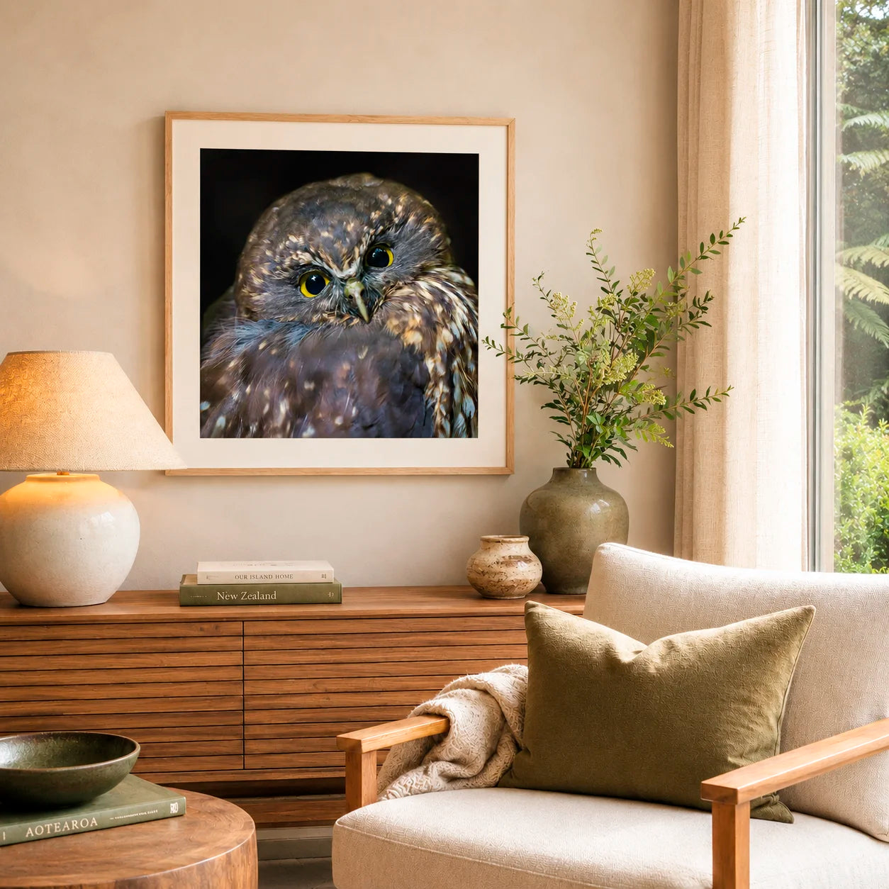 Framed owl print on a wall above a wooden sideboard with a lamp and books in a living room.