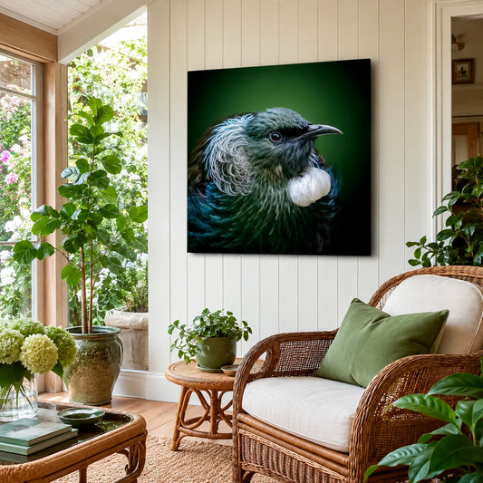 Living room with a large bird painting on the wall, wicker furniture, and plants.