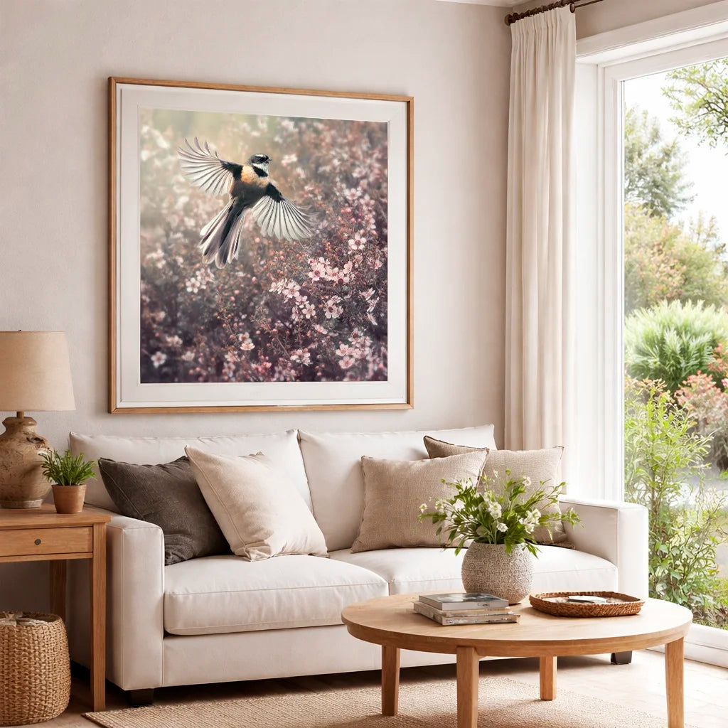 Living room with a white sofa, coffee table, and framed artwork of a fantail bird.