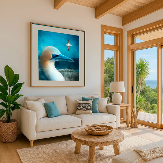gannet artwork in a contemporary NZ bach