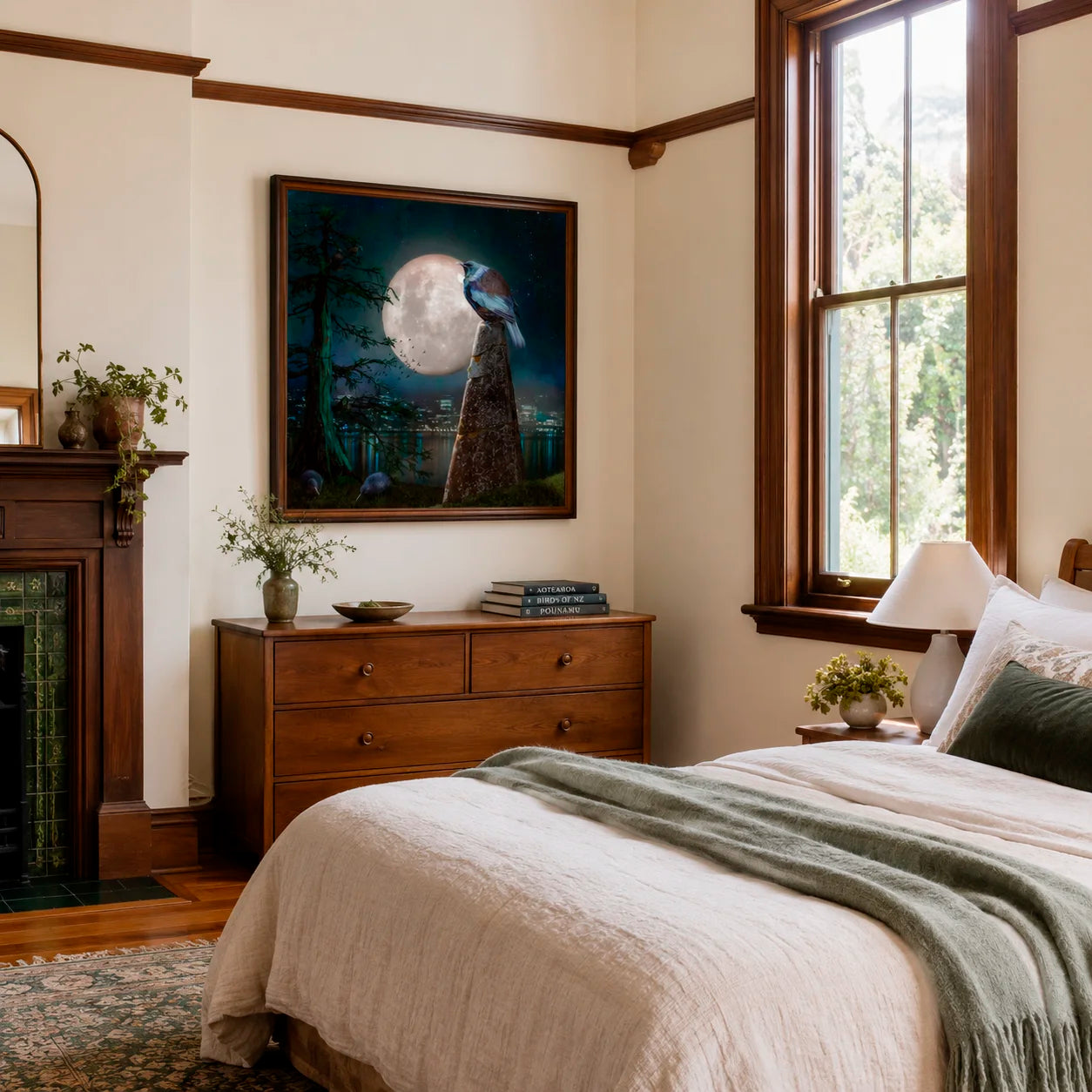Cozy bedroom with a bed, dresser, and fireplace.