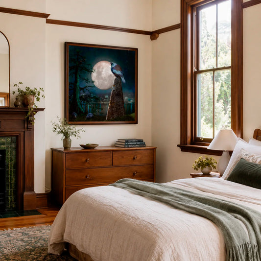 Cozy bedroom with a bed, dresser, and fireplace.