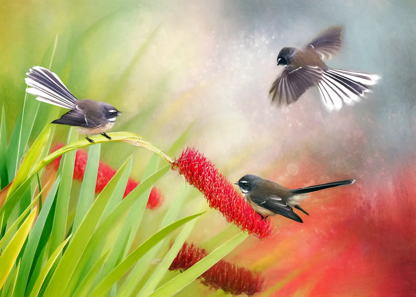 three fantails fluttering