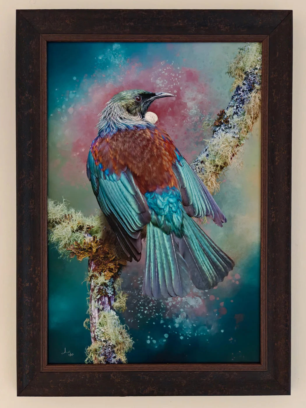 a stunning tui artwork, framed in a rustic wooden frame