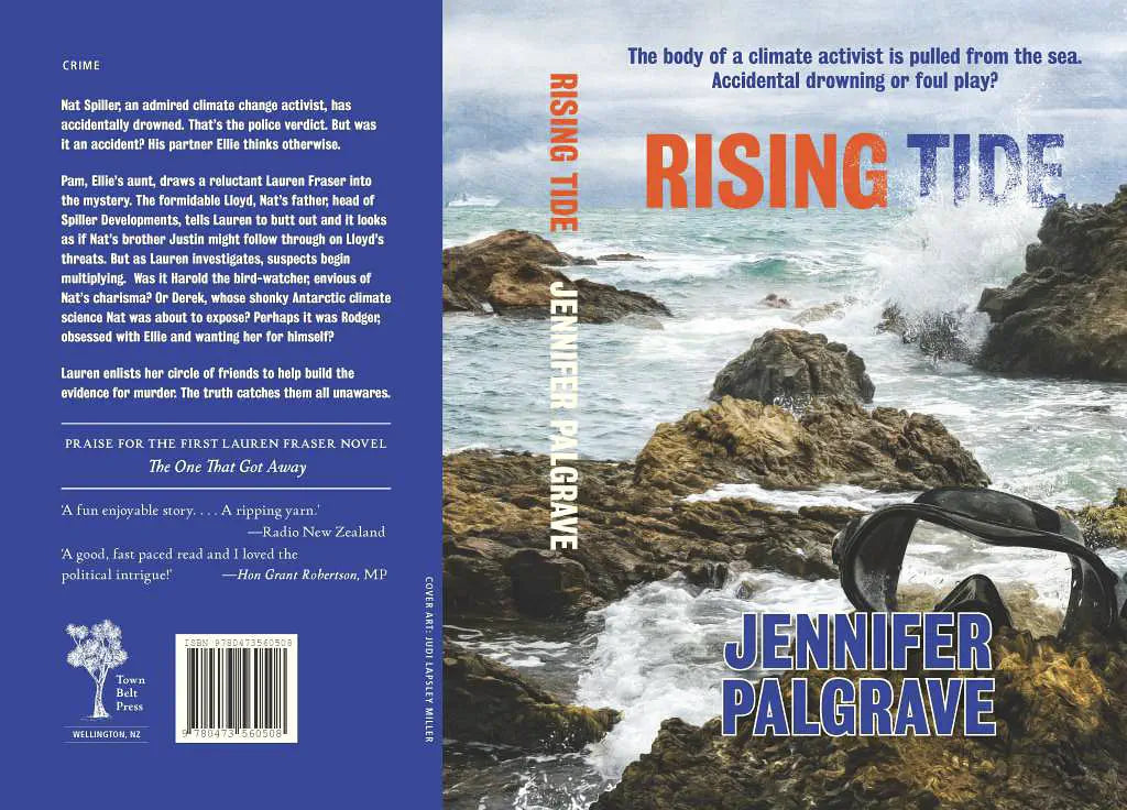 Book cover with waves and rocks