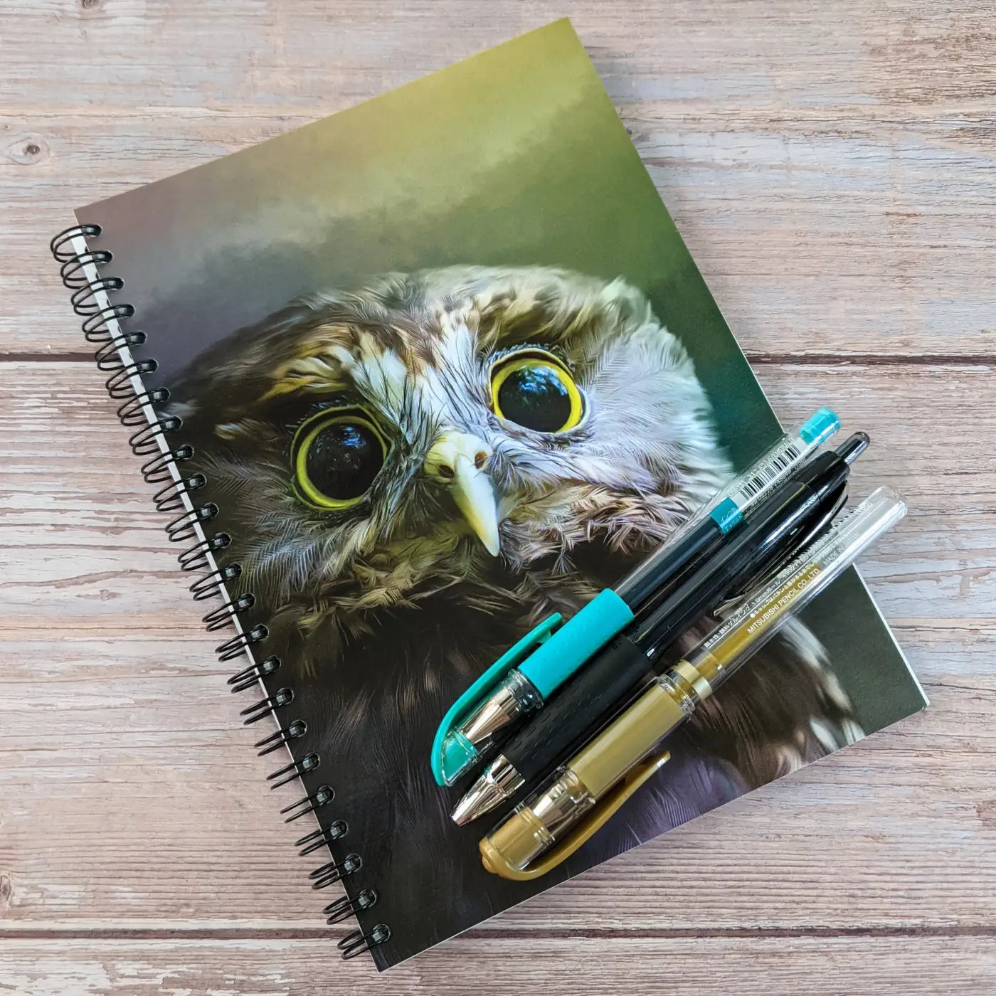 a notebooks with owl and 3 pens