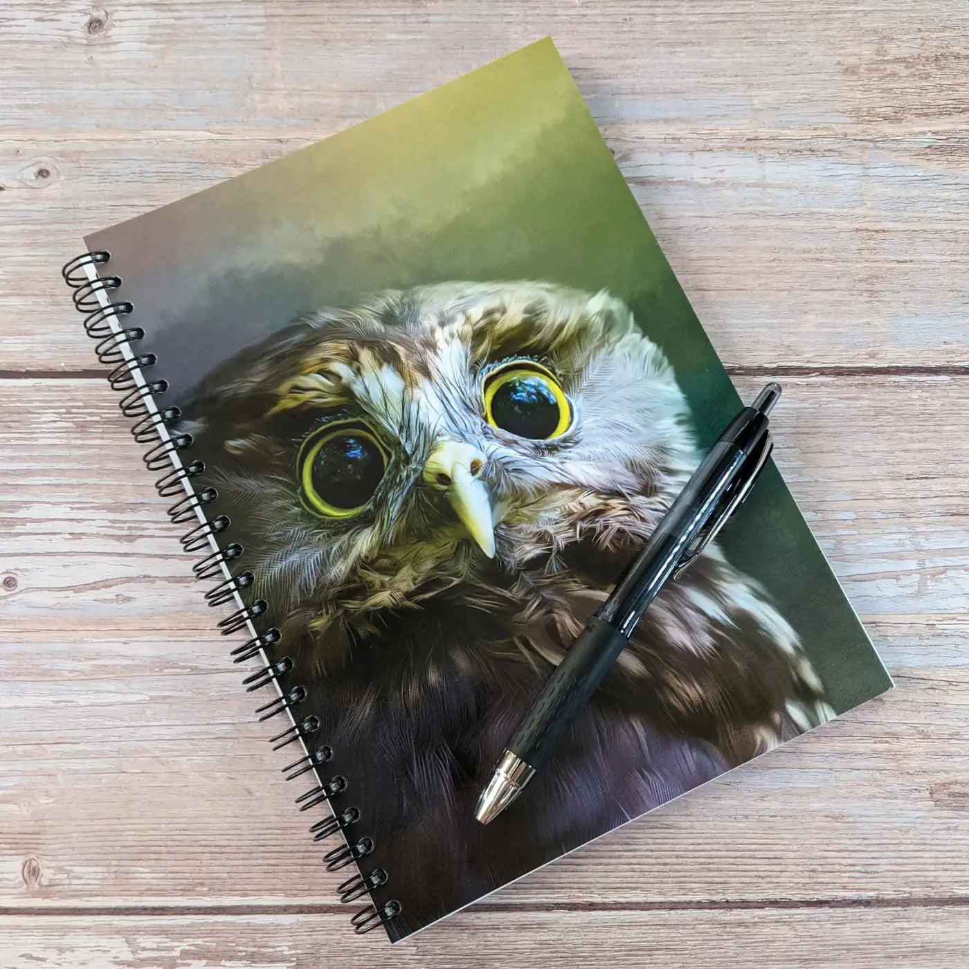 a notebook with owls and 1 pen