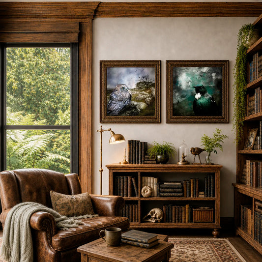 Cozy living room with brown leather armchair, wooden coffee table, bookshelf, and framed artwork.