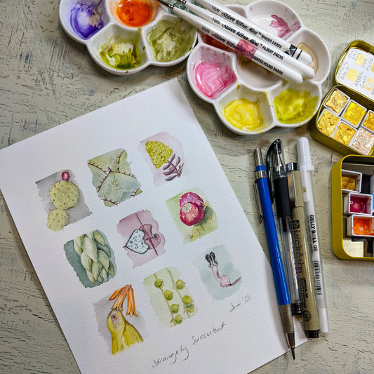 watercolour painting of cacti, succulents and a korimako bellbird, along with art supplies