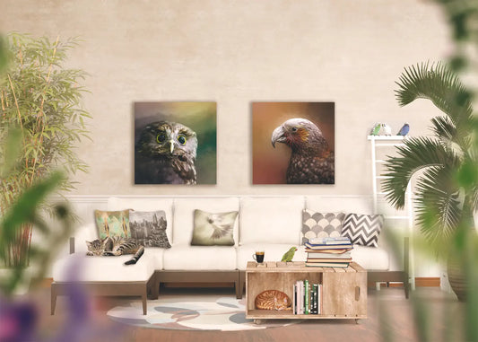 living room mockup with an owl and kaka paintings above a couch. Some room elements were created with Adobe AI. 