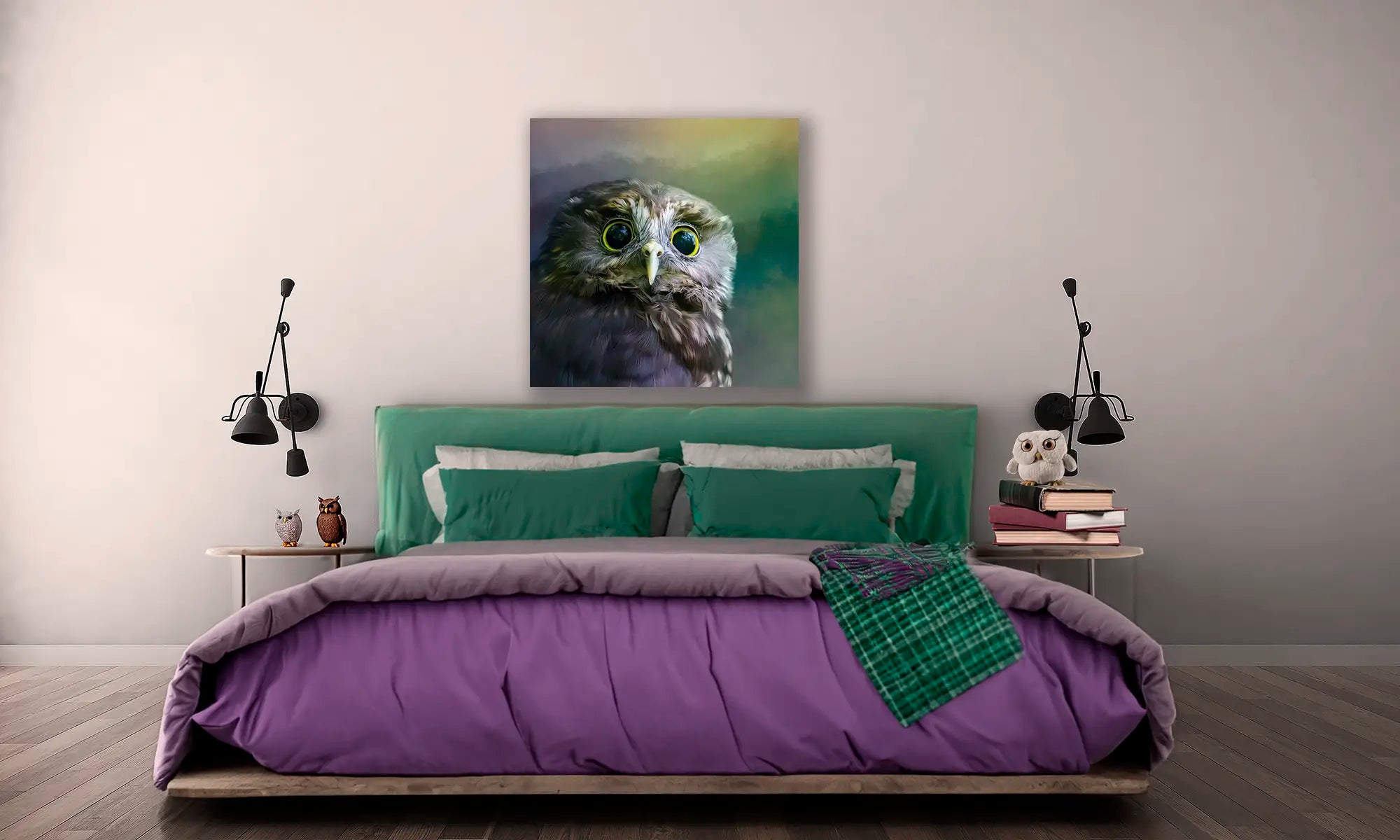 ruru morepork owl painting with huge eyes above a bed